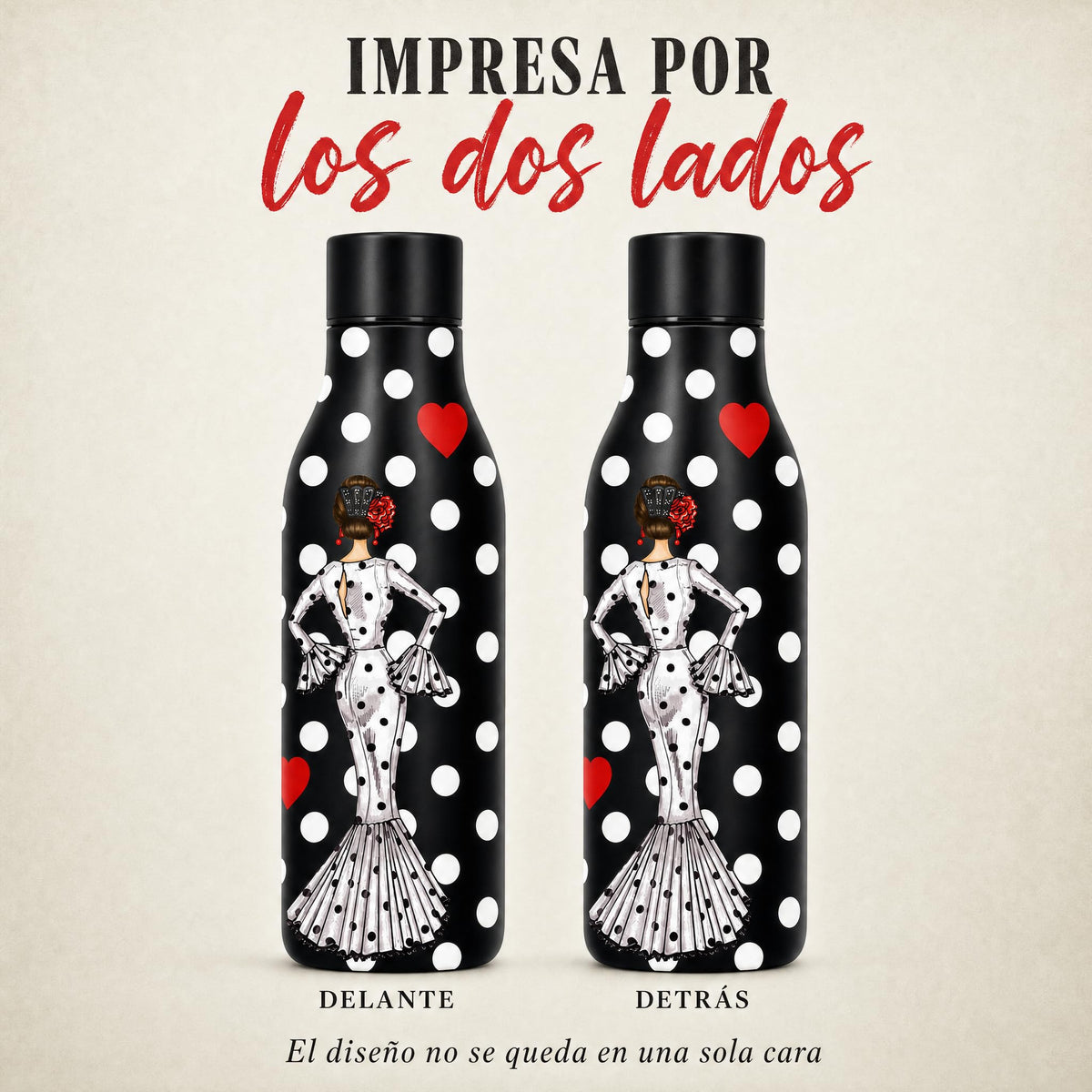 Botella térmica flamenca illustrArte 500 ml – diseño María Blanco, fondo negro – ilustración impresa por las dos caras