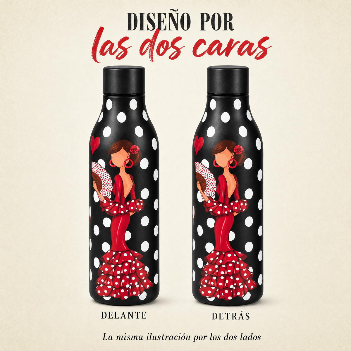 Botella térmica flamenca illustrArte 500 ml – diseño Pepa – ilustración impresa por las dos caras