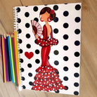 Libreta flamenca illustrArte 17 x 24 cm – diseño Pepa, tapa blanca con lunares negros