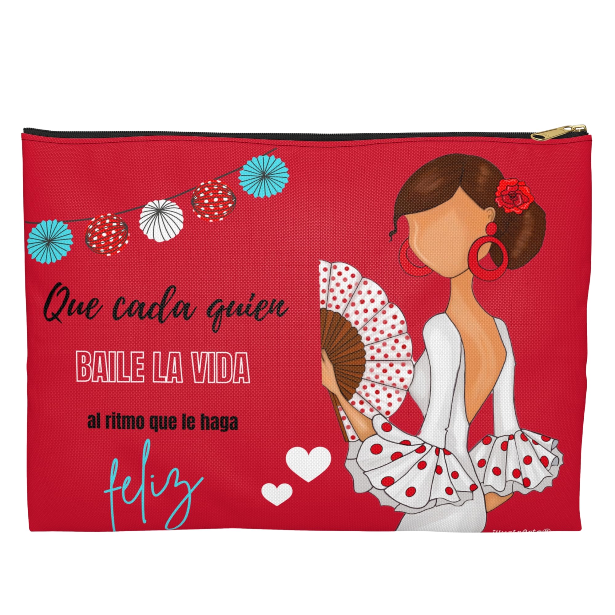 Neceser o estuche Granada illustrArte 22 x 17 cm – diseño Pepa Feliz, fondo rojo con frase – imagen Amazon