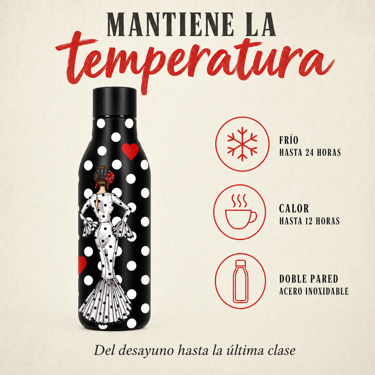 Botella térmica flamenca illustrArte 500 ml – diseño María Blanco, fondo negro – mantiene la temperatura: frío 24 h y calor 12 h