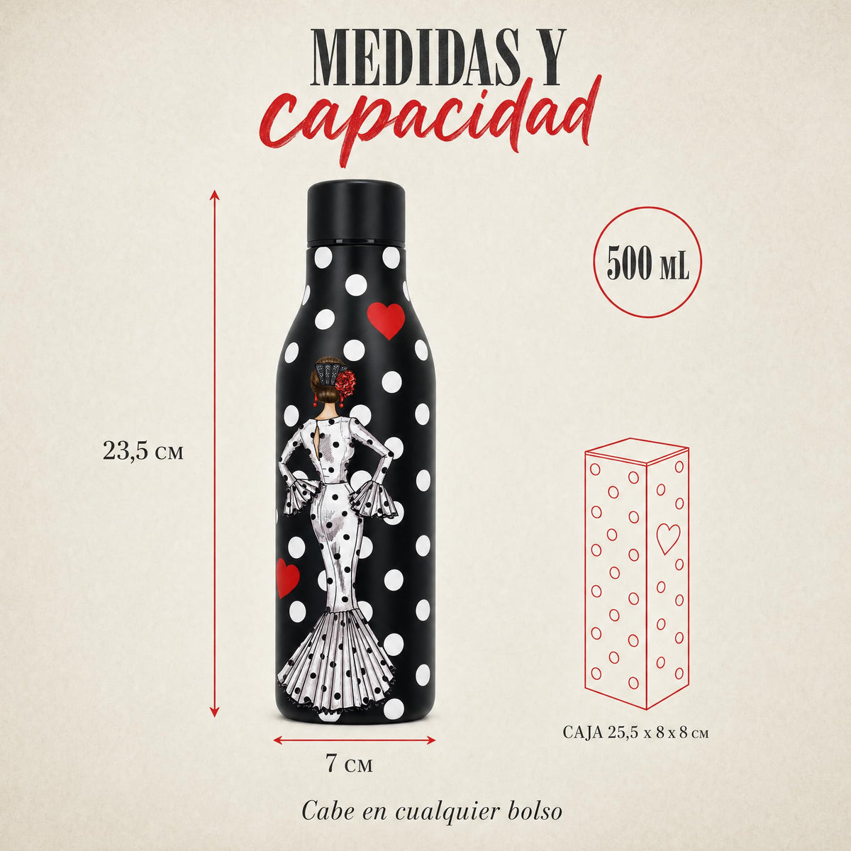Botella térmica flamenca illustrArte 500 ml – diseño María Blanco, fondo negro – medidas y capacidad de 500 ml