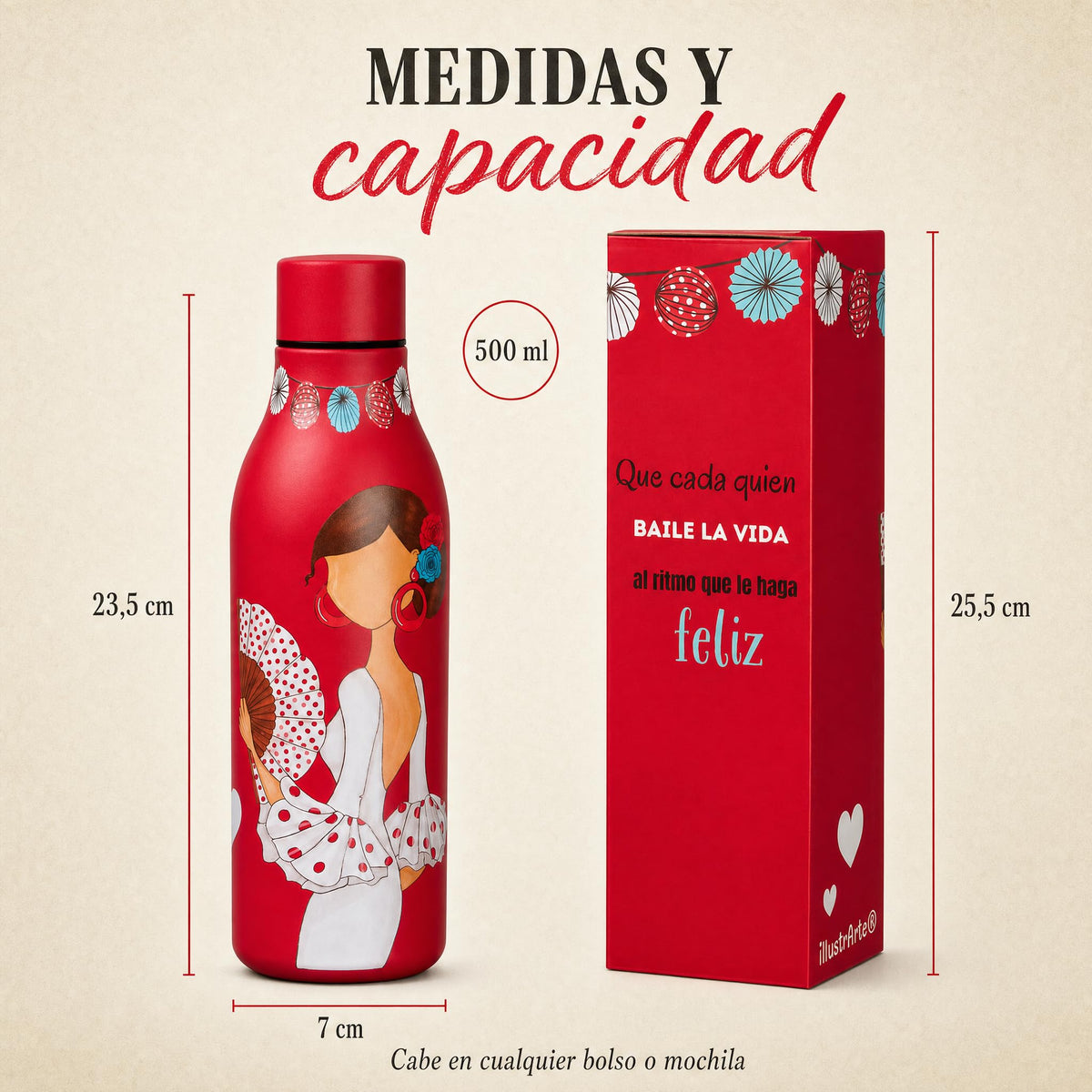Botella térmica flamenca illustrArte 500 ml – diseño Pepa Feliz – medidas y capacidad de 500 ml