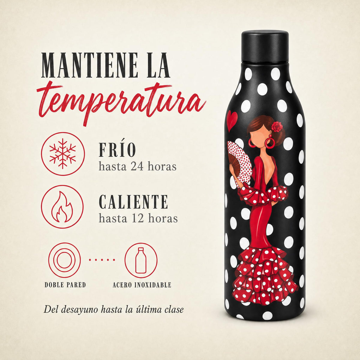 Botella térmica flamenca illustrArte 500 ml – diseño Pepa – mantiene la temperatura: frío 24 h y calor 12 h