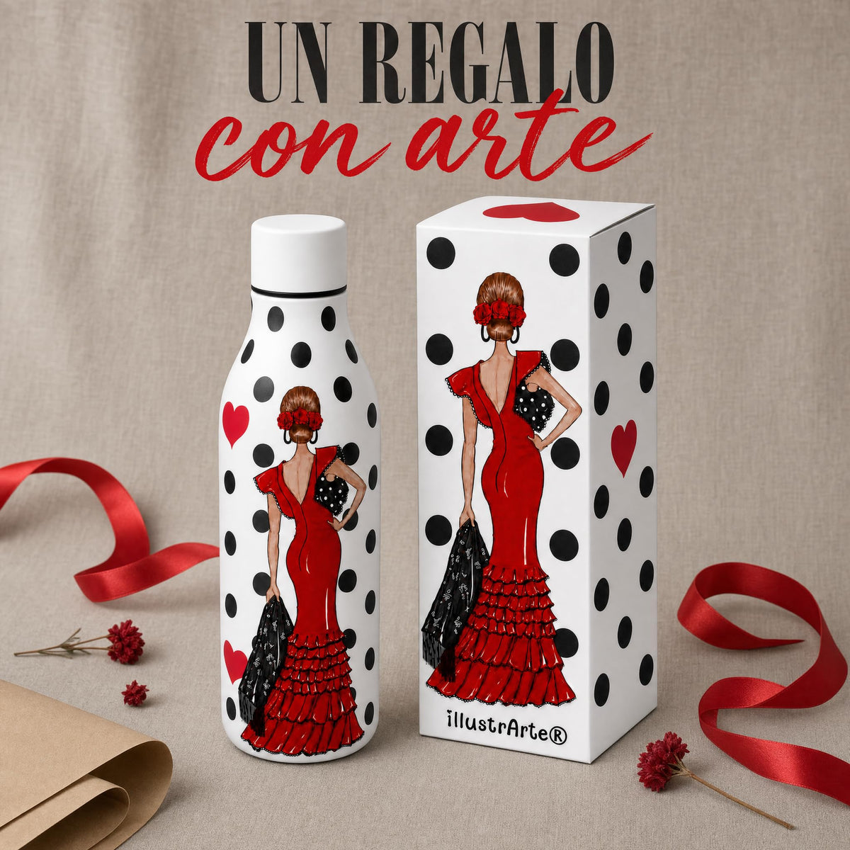 Botella térmica flamenca illustrArte 500 ml – diseño Manuela – un regalo original con su caja