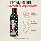Botella térmica flamenca illustrArte 500 ml – diseño María Blanco, fondo negro – detalles: tapón hermético y acero inoxidable