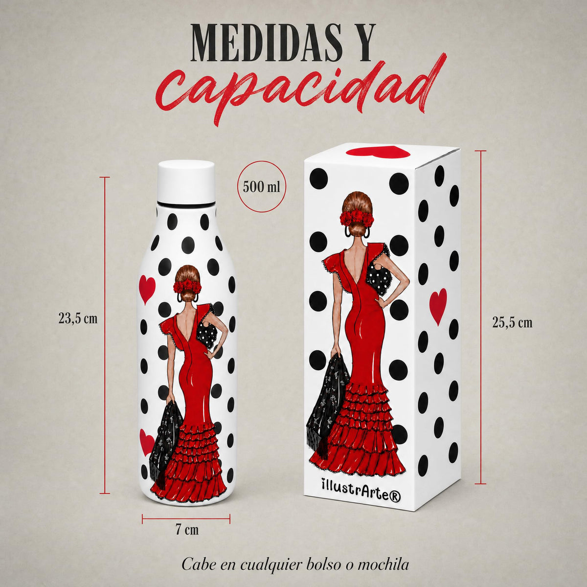 Botella térmica flamenca illustrArte 500 ml – diseño Manuela – medidas y capacidad de 500 ml