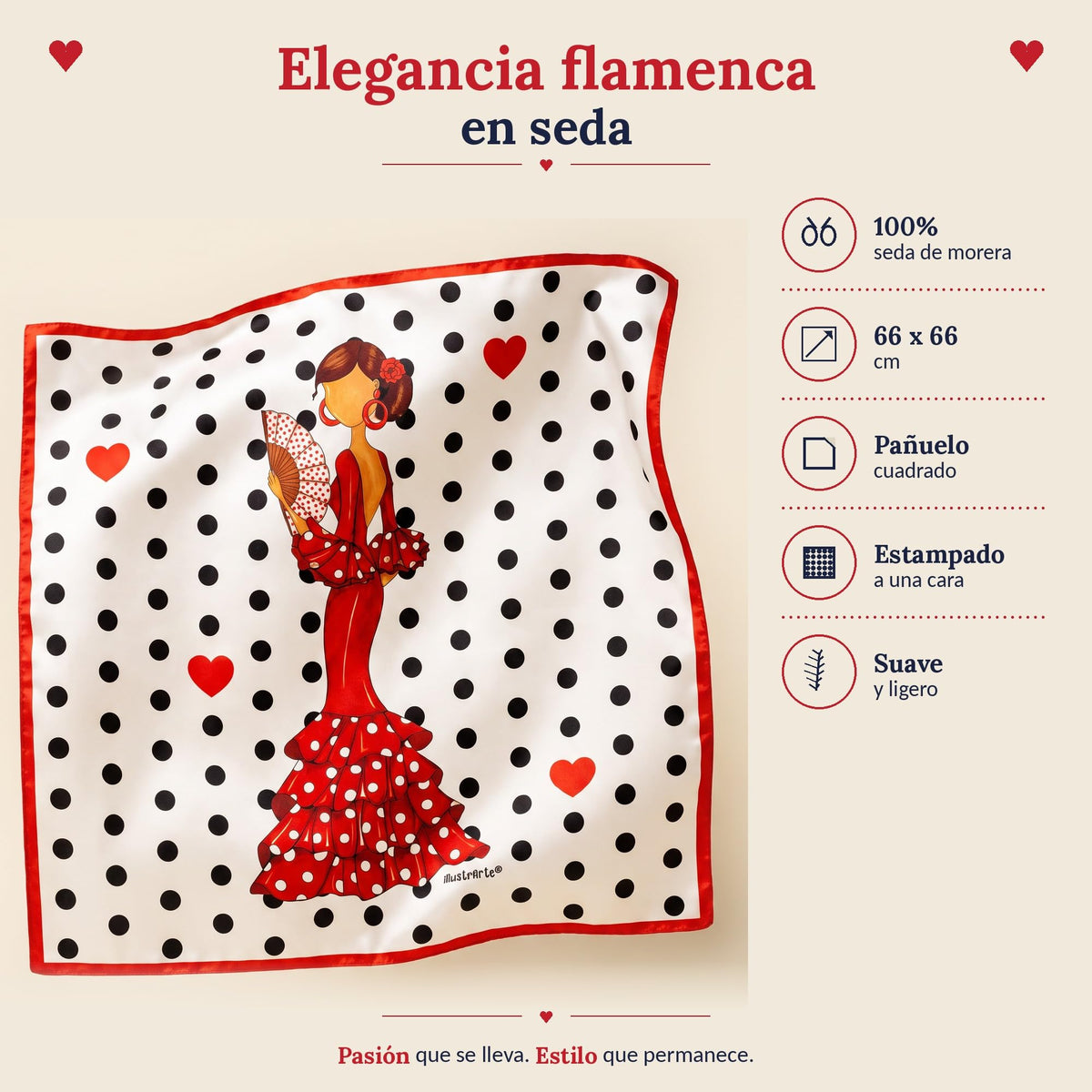 Pañuelo de seda flamenca illustrArte 66 x 66 cm – diseño Pepa – vista 2
