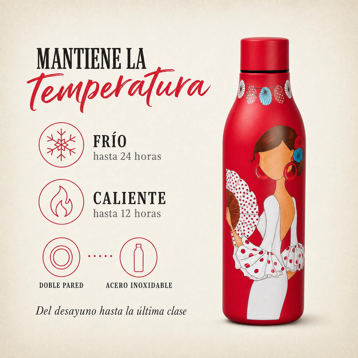 Botella térmica flamenca illustrArte 500 ml – diseño Pepa Feliz – mantiene la temperatura: frío 24 h y calor 12 h