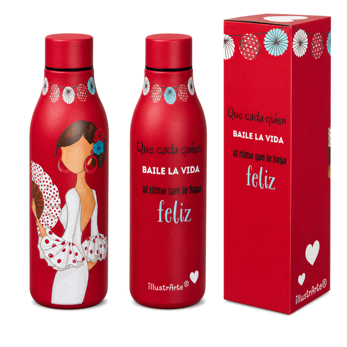 Botella térmica flamenca illustrArte 500 ml – diseño Pepa Feliz – las dos caras de la botella con su caja de regalo