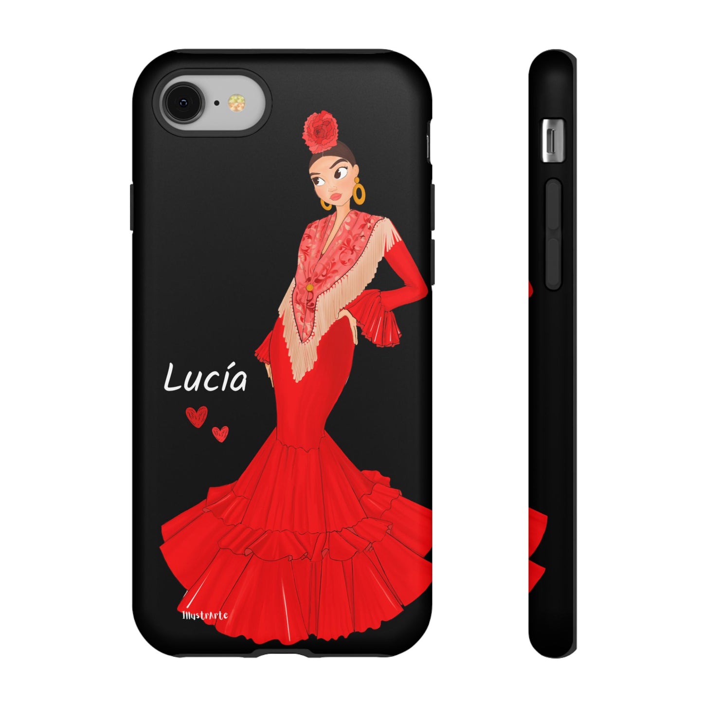 una funda de teléfono con una mujer en un vestido rojo