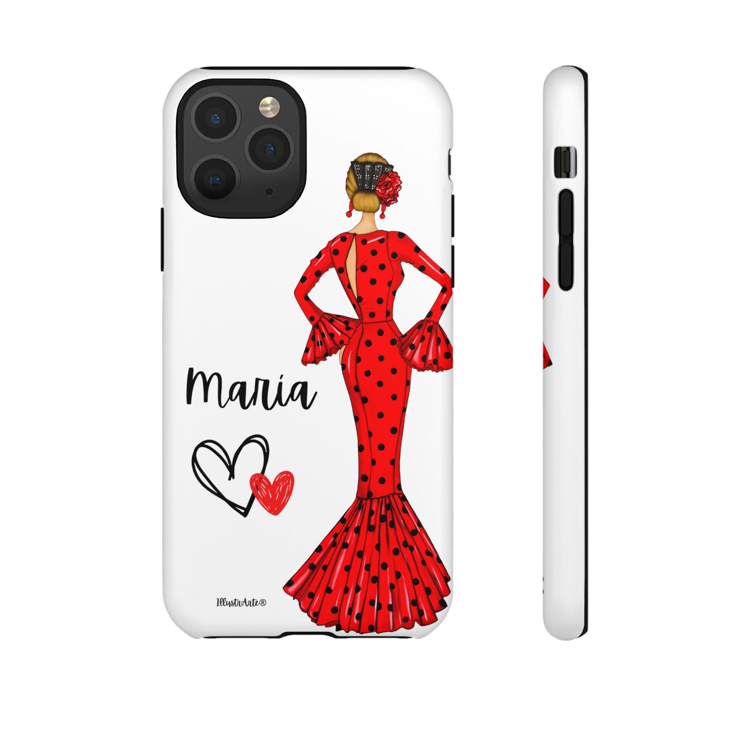 una funda de teléfono con una mujer en un vestido rojo