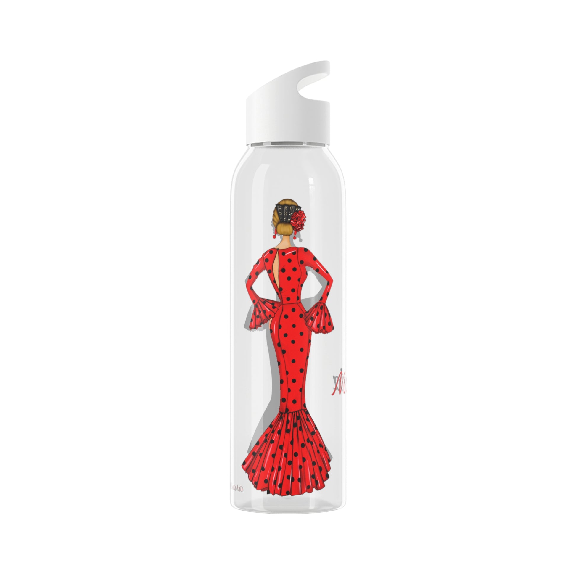 una botella de agua con una imagen de una mujer vestida de rojo