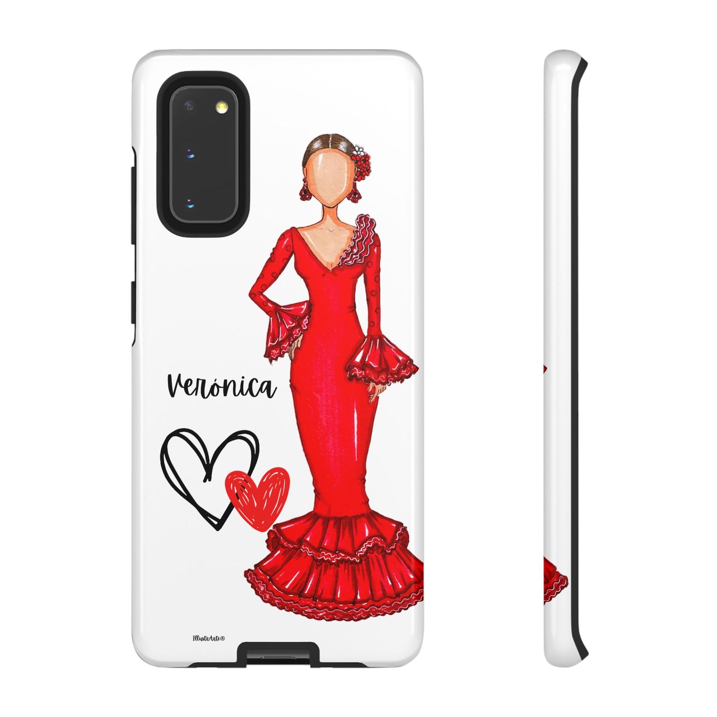 una funda de teléfono con una mujer en un vestido rojo