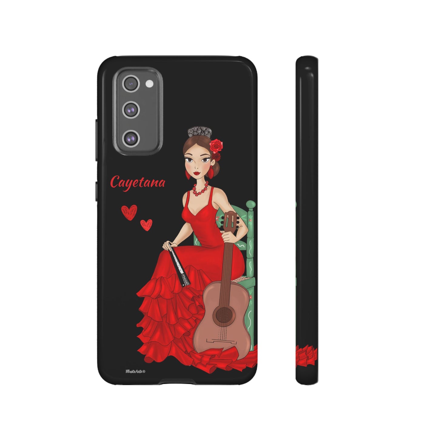 una funda de teléfono con una mujer en un vestido rojo sosteniendo una guitarra