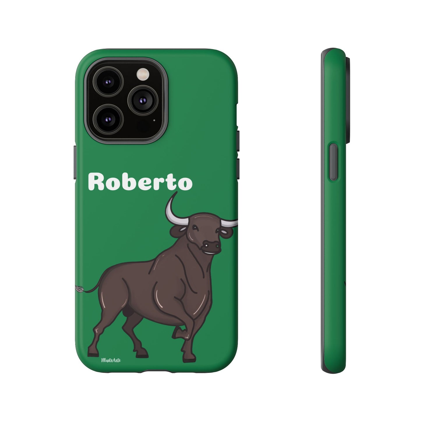 una funda de teléfono verde con un toro en ella