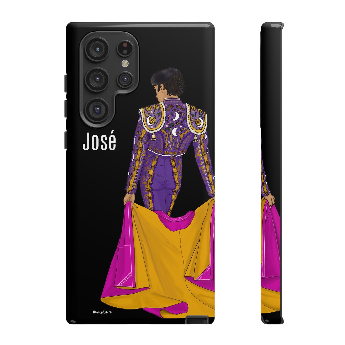 una funda de teléfono con una imagen de una mujer en un traje morado y amarillo