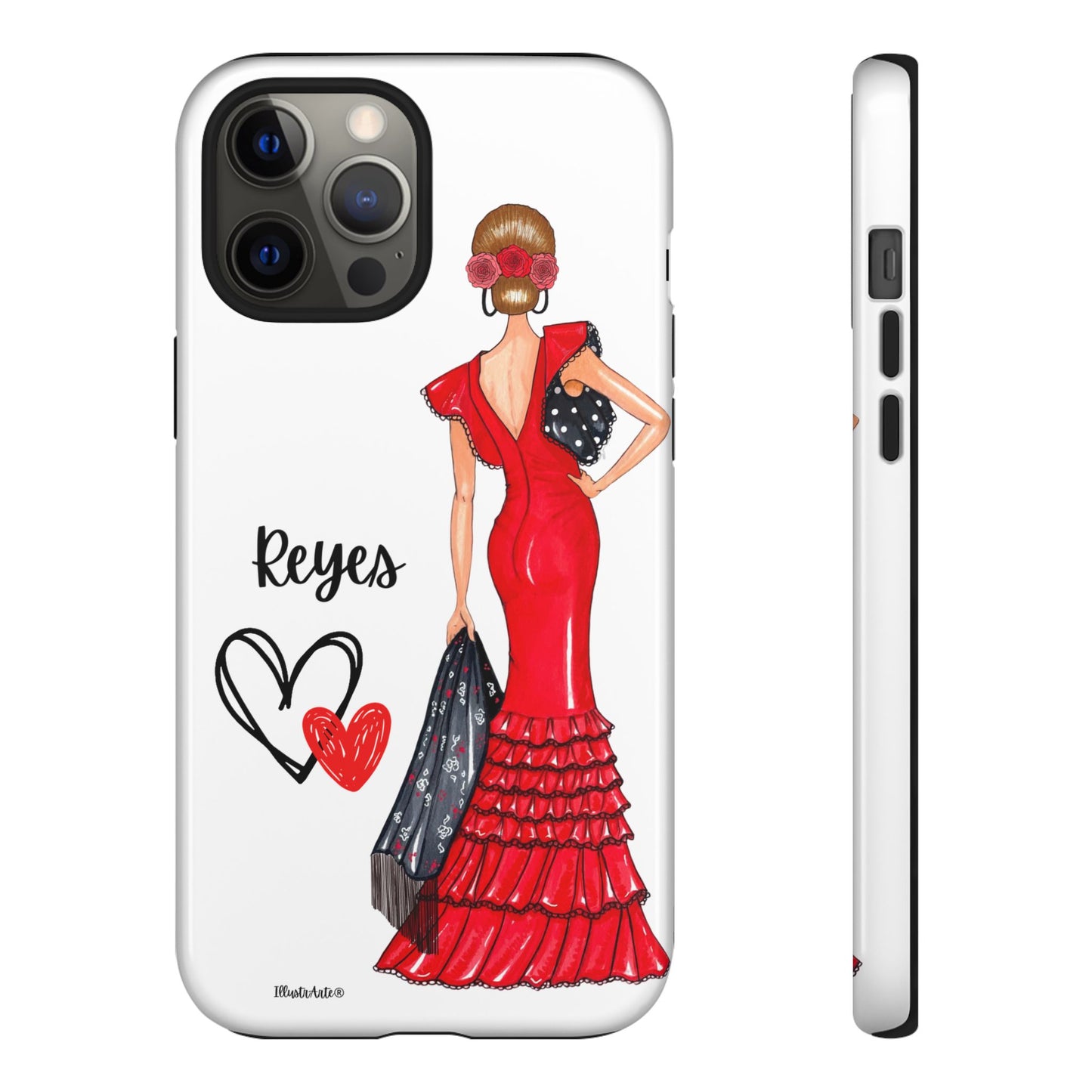 una funda de teléfono con una mujer en un vestido rojo