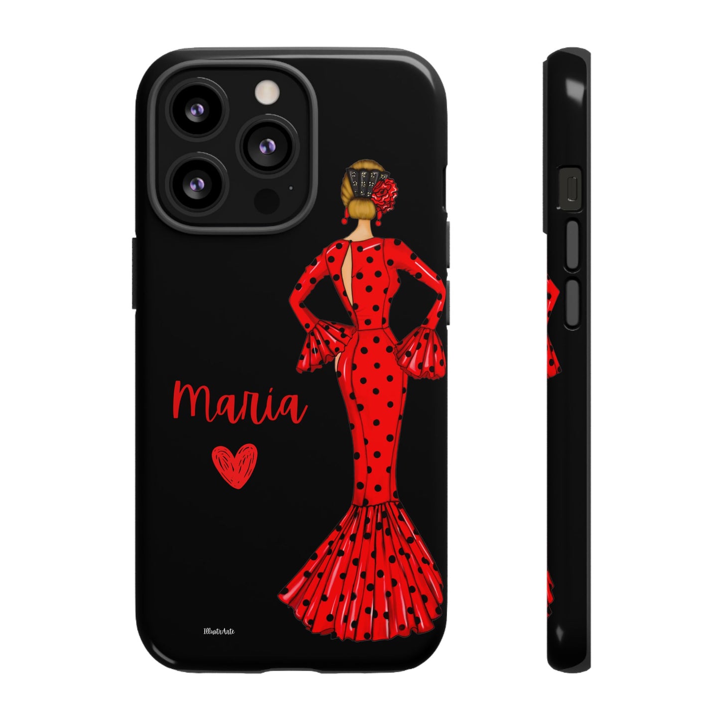 una funda de teléfono con una mujer en un vestido rojo