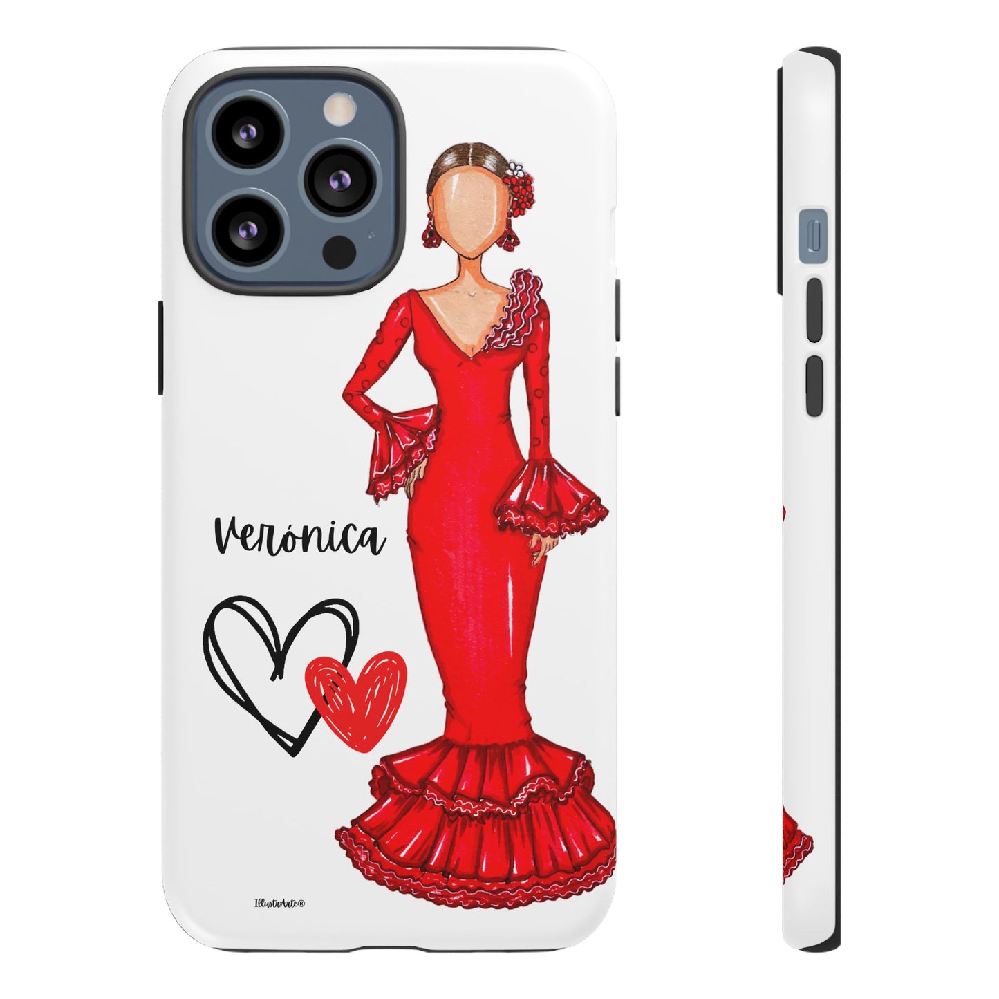 una funda de teléfono con un dibujo de una mujer en un vestido rojo