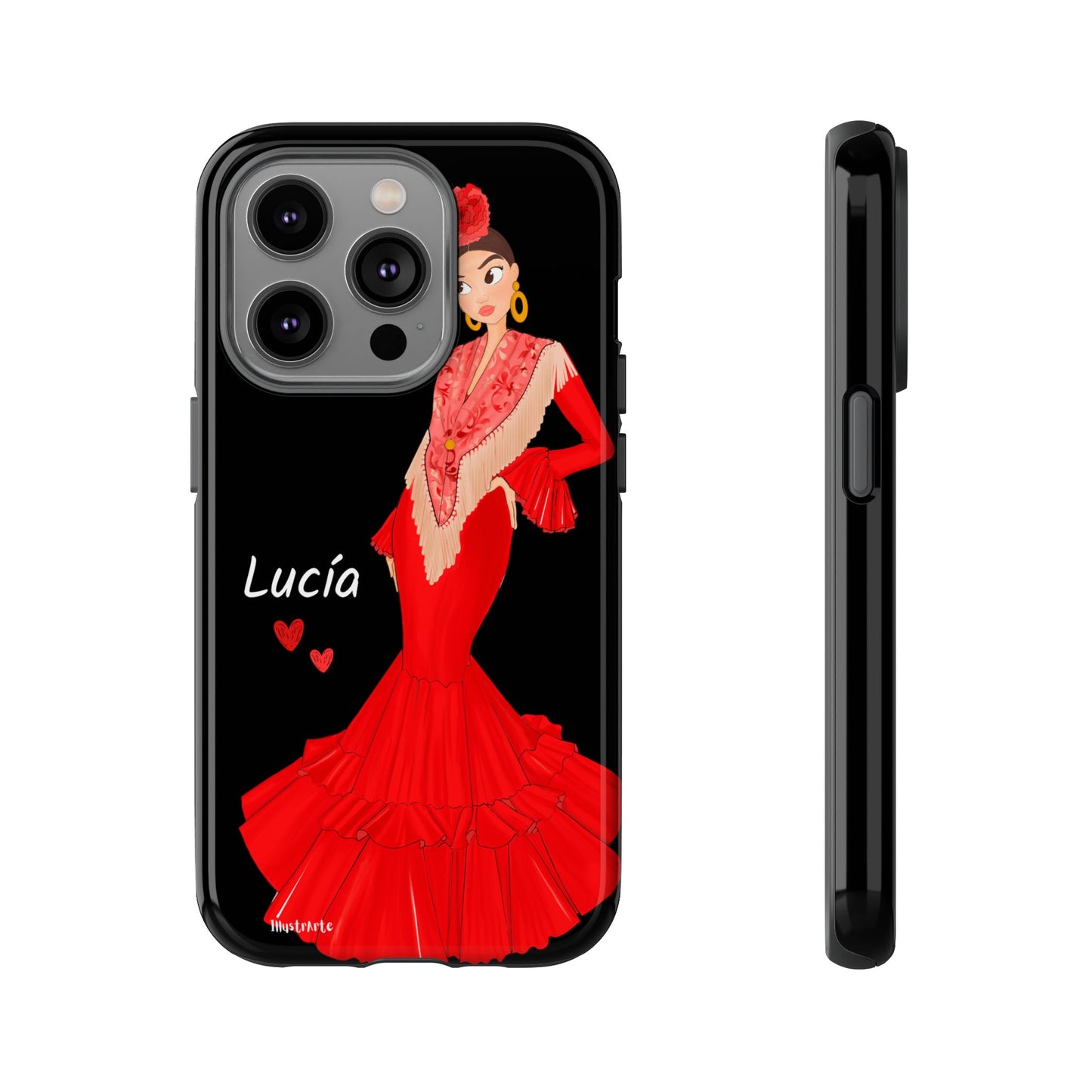 una funda de teléfono con una imagen de una mujer en un vestido rojo