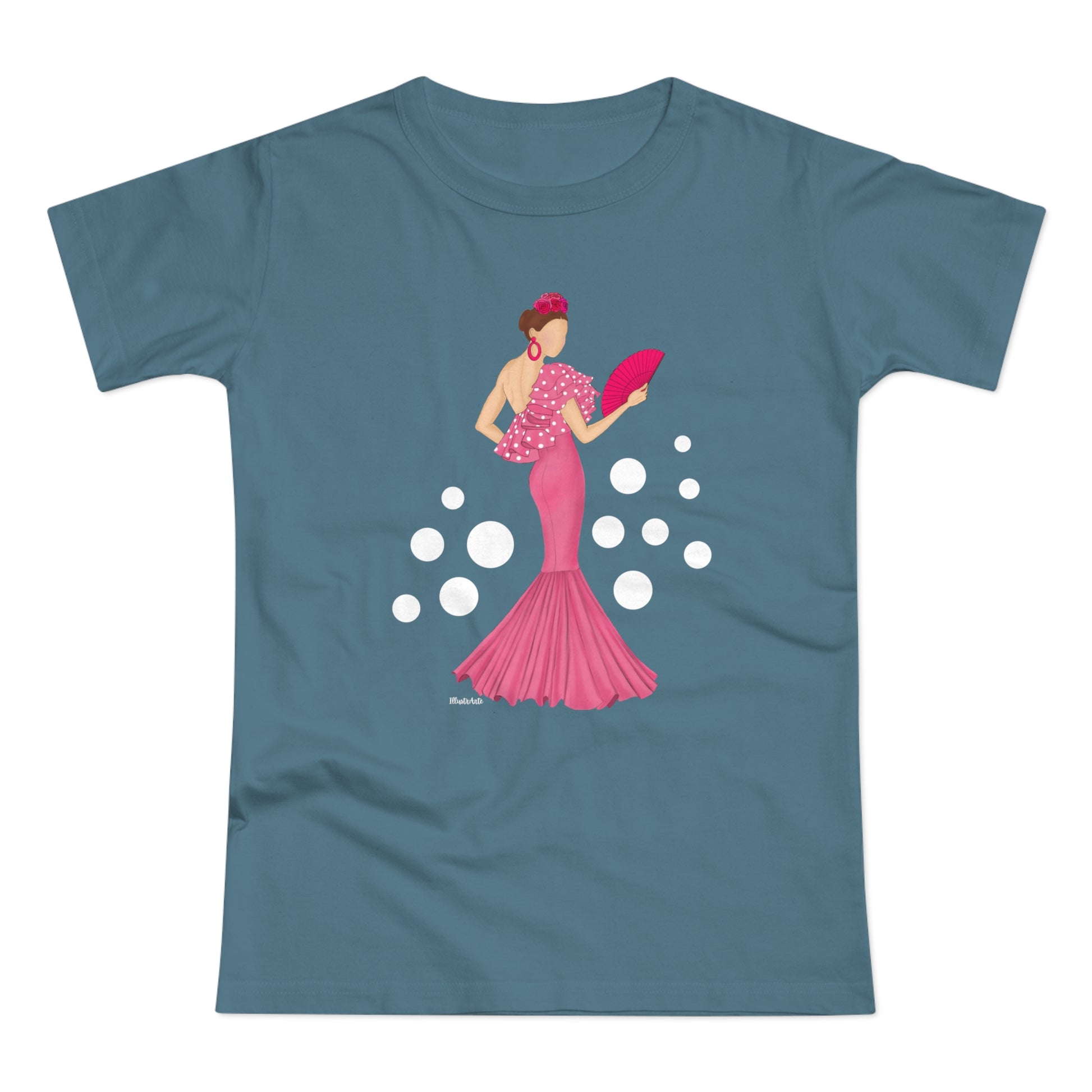 a women's t - shirt with a woman in a pink dress holding a