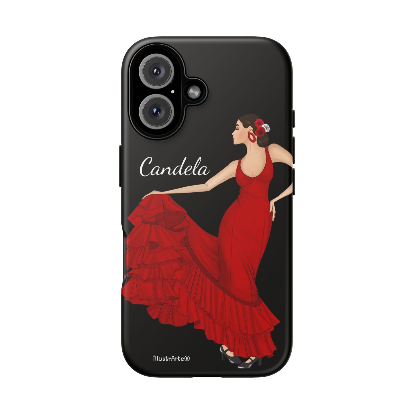 Capa de telefone personalizável. Modelo Candela com fundo preto. Para iPhone, Samsung Galaxy S e Google Pixel. 