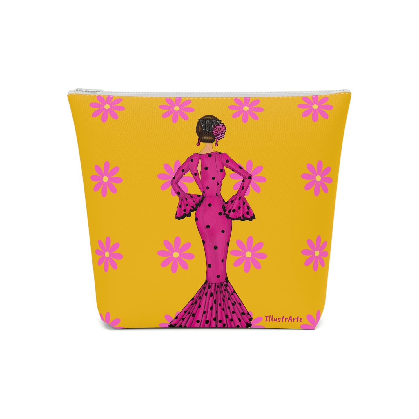 a yellow and pink purse with a picture of a woman in a pink dress