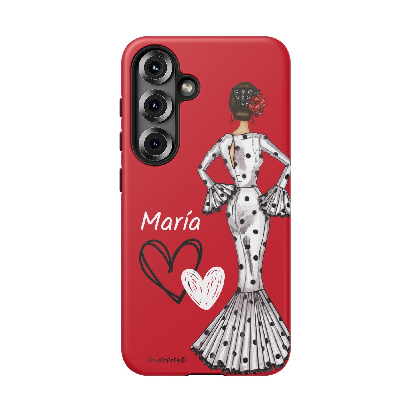 Personalized Maria phone case, white with red hearts background – for iPhone, Samsung, Pixel