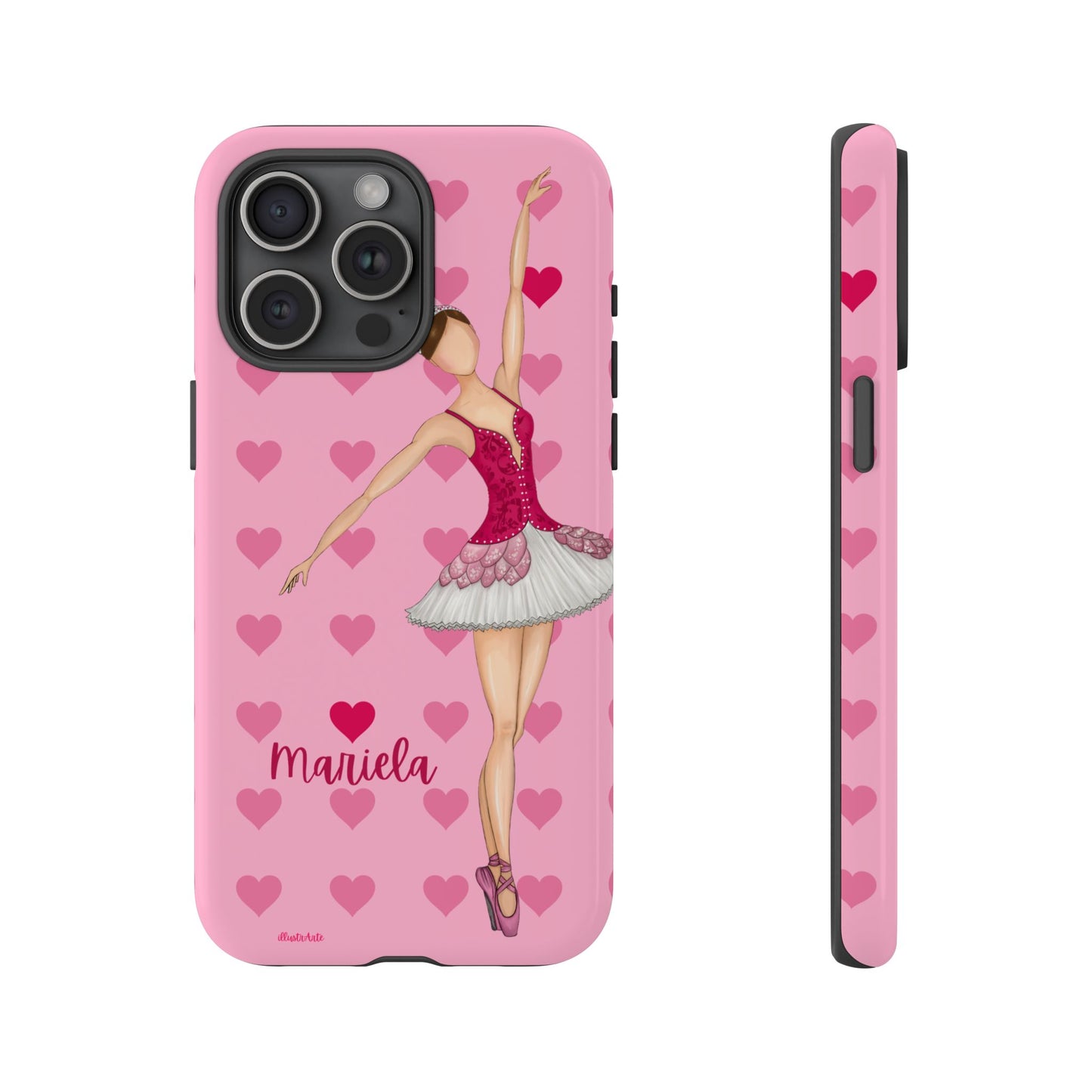 una funda de teléfono rosa con una bailarina en ella