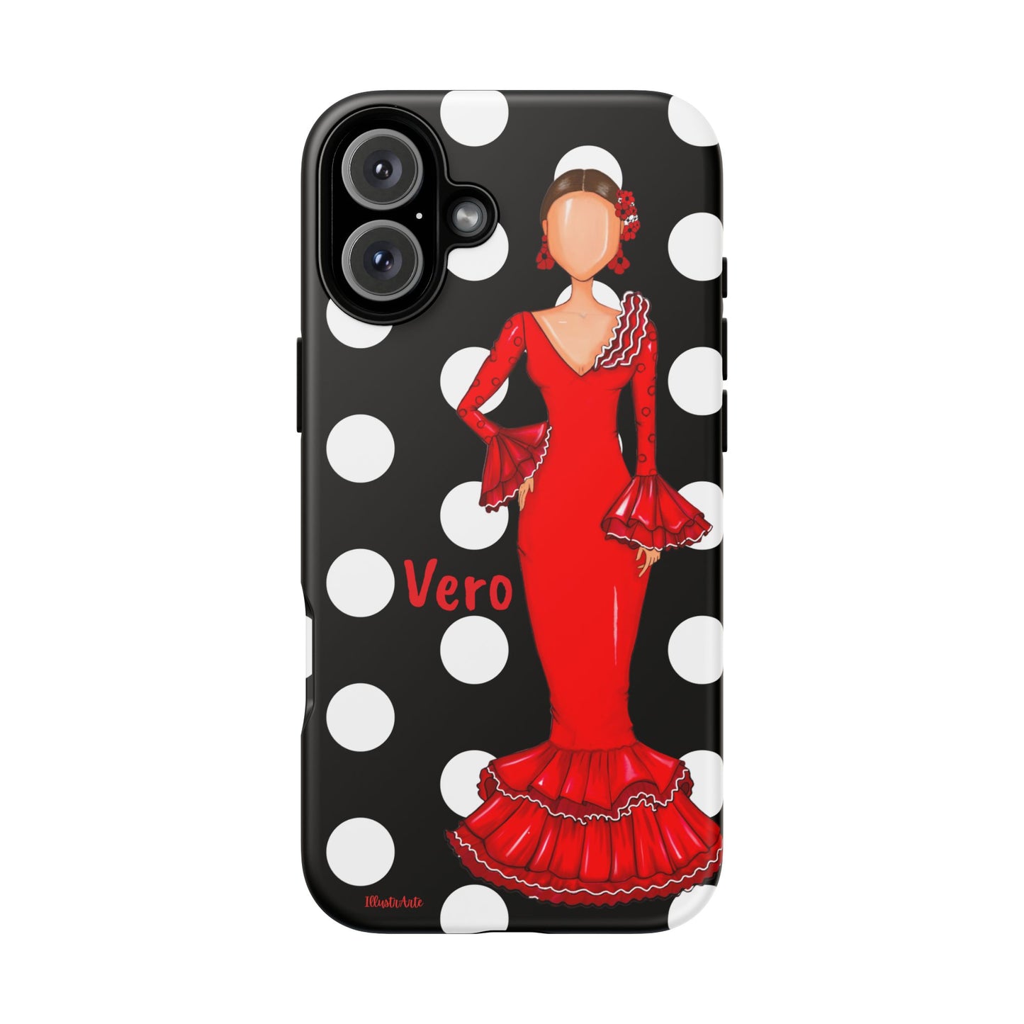 una funda para teléfono con una mujer en un vestido rojo