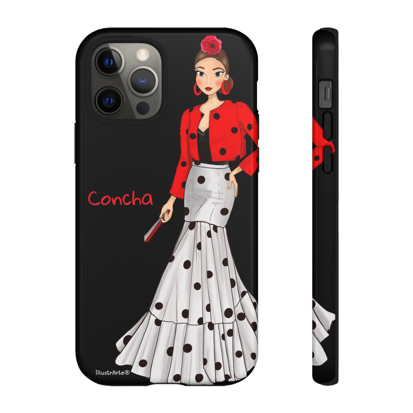 Imagen de la funda de teléfono en uso - Modelo Conchita fondo negro para diferentes dispositivos.