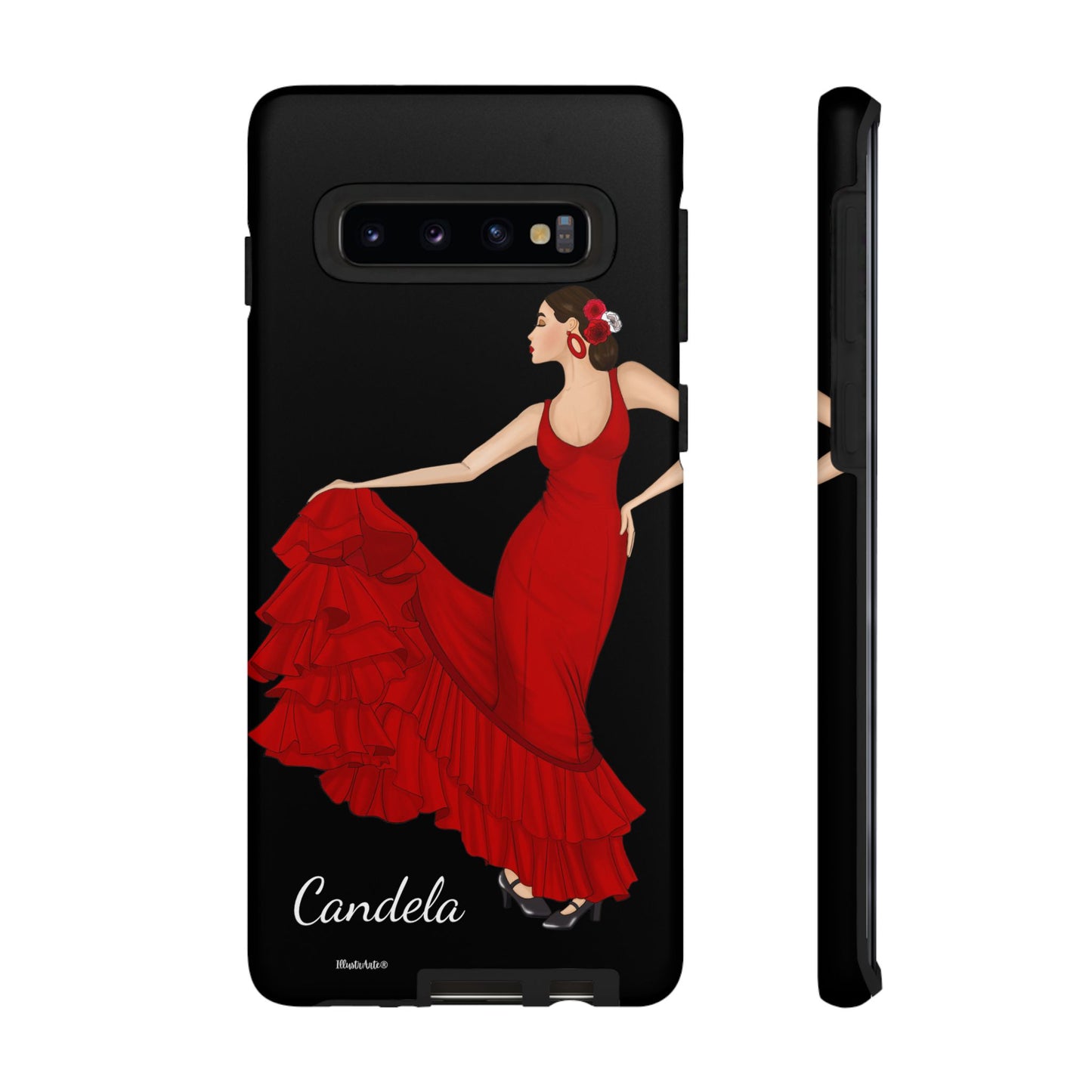 una funda de teléfono con una mujer en un vestido rojo