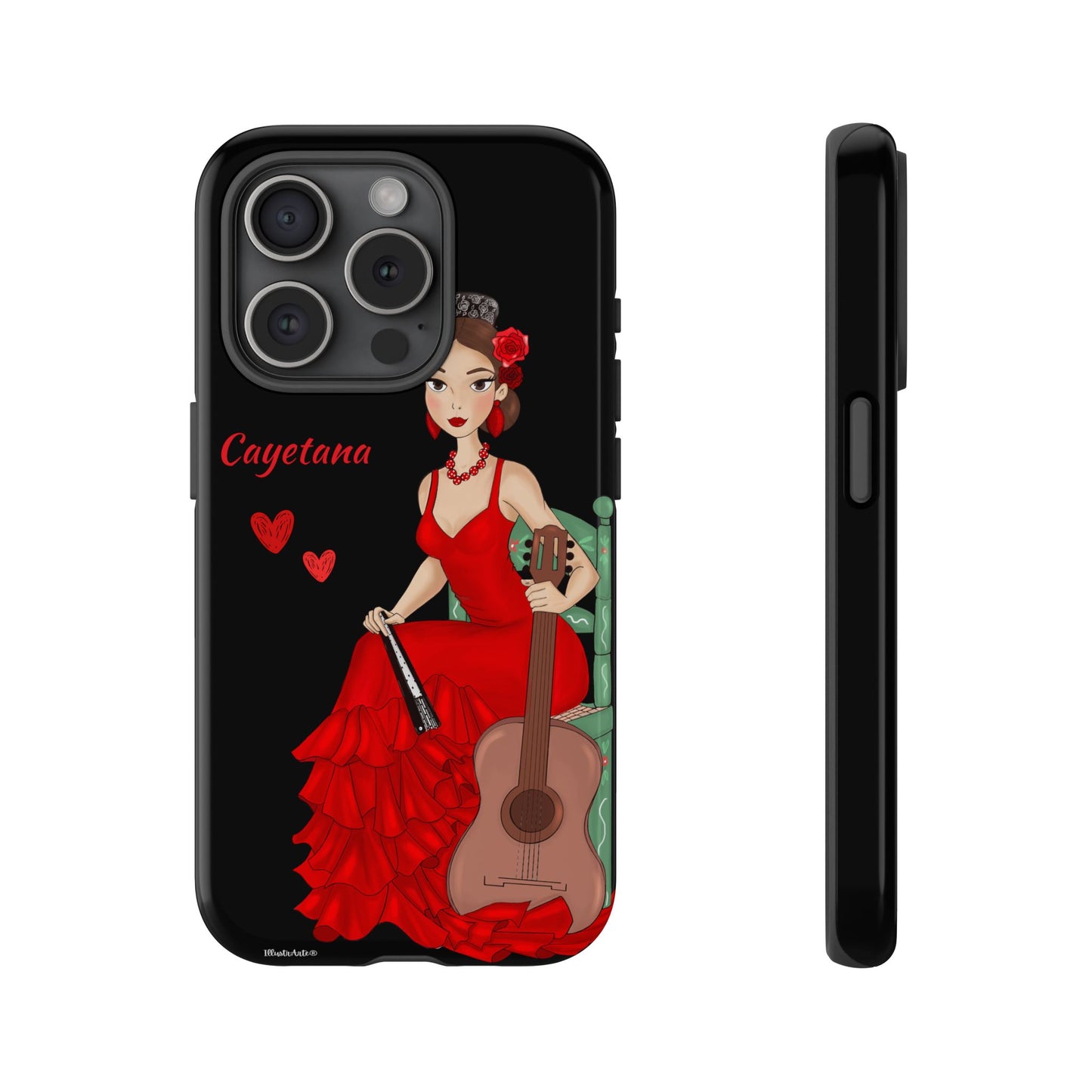 una funda de teléfono con una mujer en un vestido rojo sosteniendo una guitarra