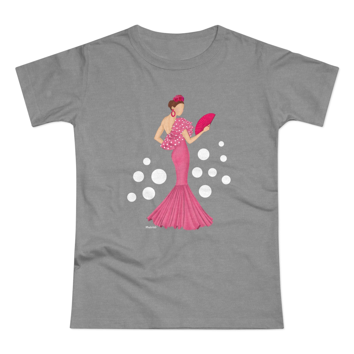 a women's t - shirt with a woman in a pink dress holding a