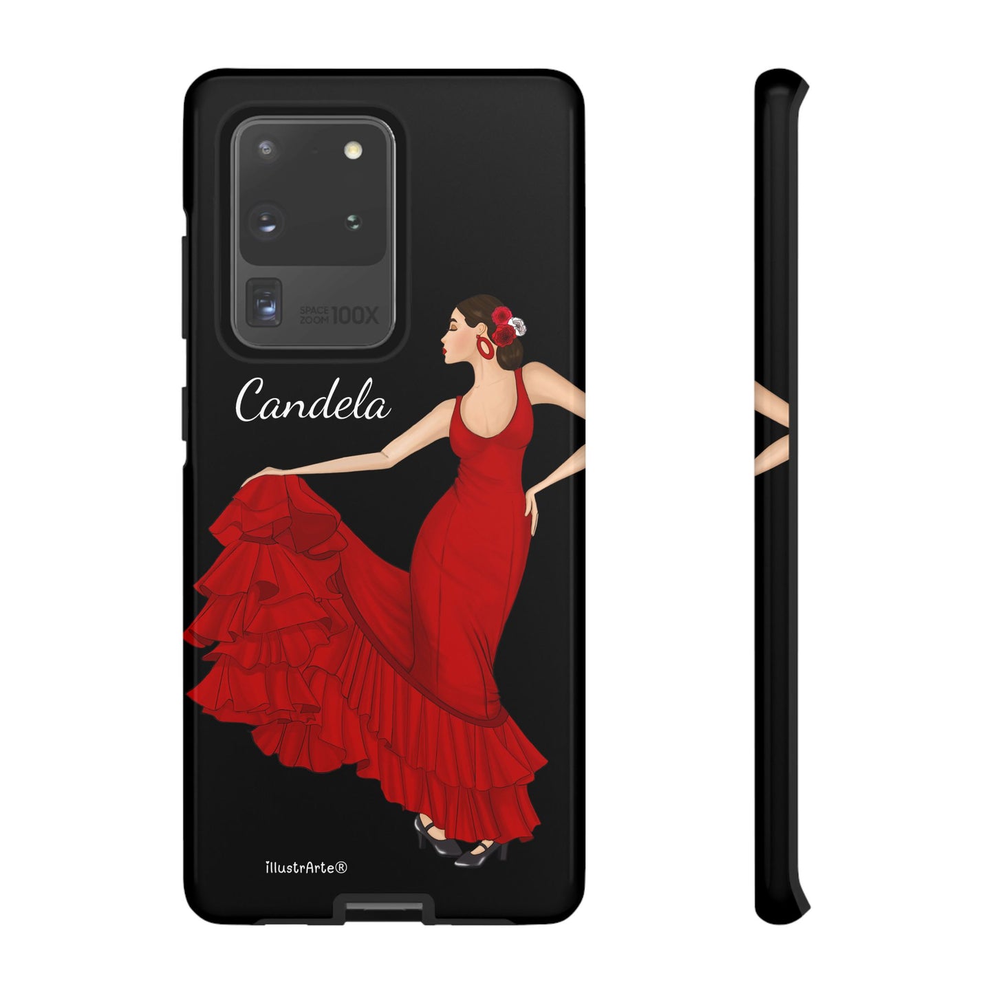 Capa de telefone personalizável. Modelo Candela com fundo preto. Para iPhone, Samsung Galaxy S e Google Pixel. 