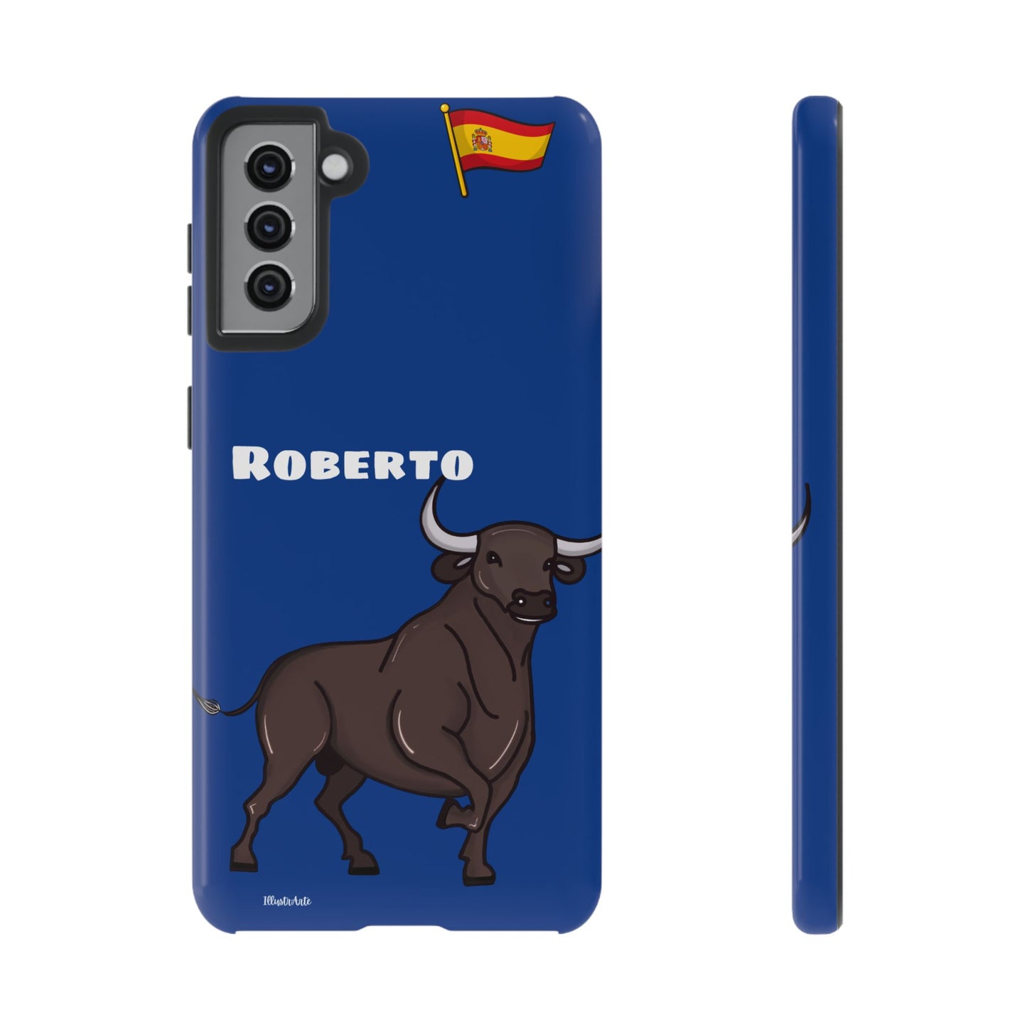 Detalles de la funda de teléfono personalizable con nombre/bandera/Virgen - Modelo Toro Roberto, ideal para proteger tu dispositivo.