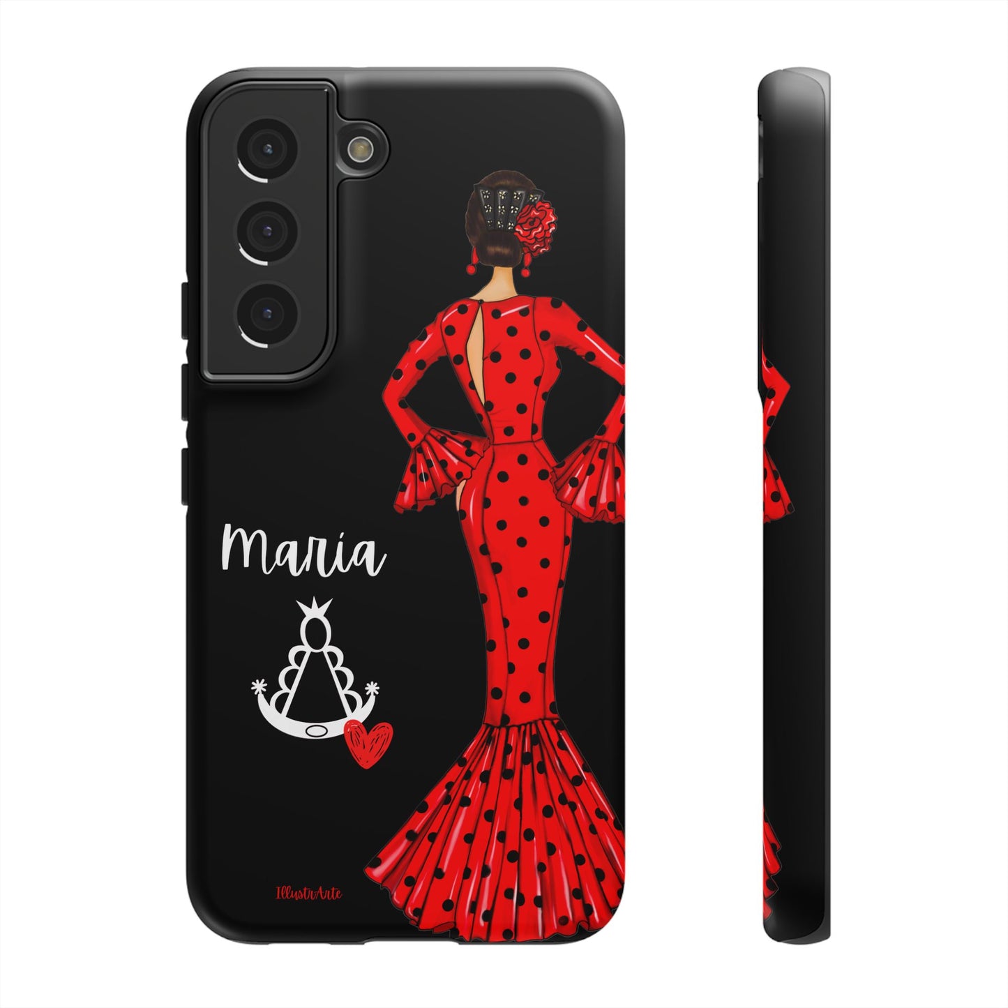 una funda de teléfono con una mujer en un vestido rojo