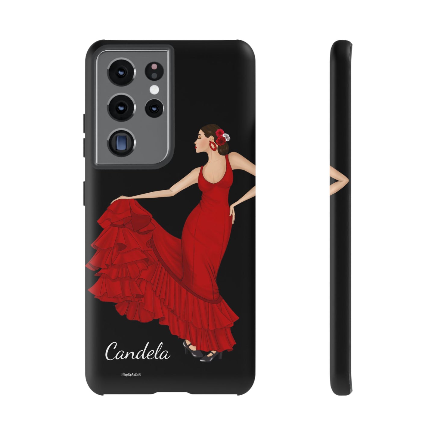 una funda de teléfono con una imagen de una mujer en un vestido rojo