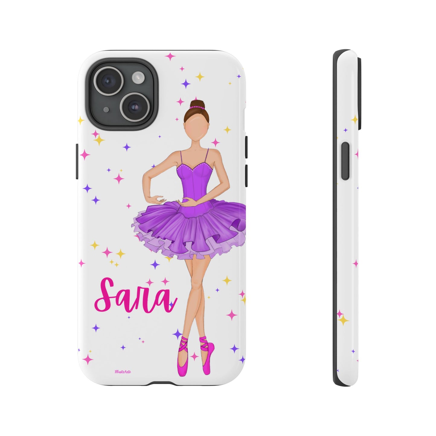 una funda de teléfono con una niña en un vestido púrpura