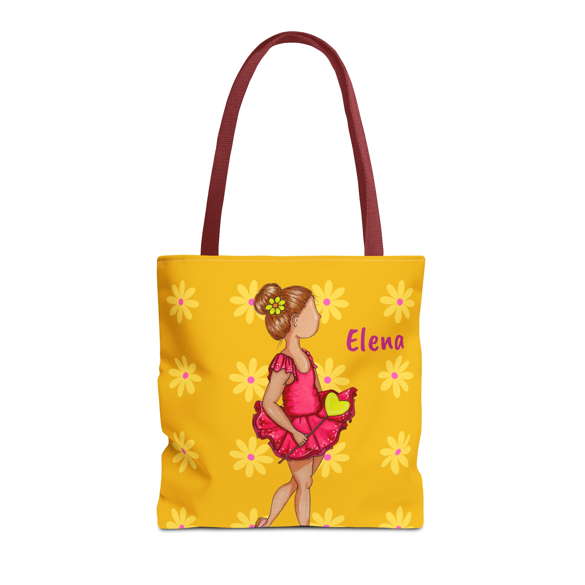 a yellow tote bag with a picture of a girl in a pink dress