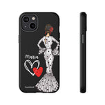 Personalised phone case flamenco dancer María, white dress for iPhone 14 Plus, matte finish – illustrArte