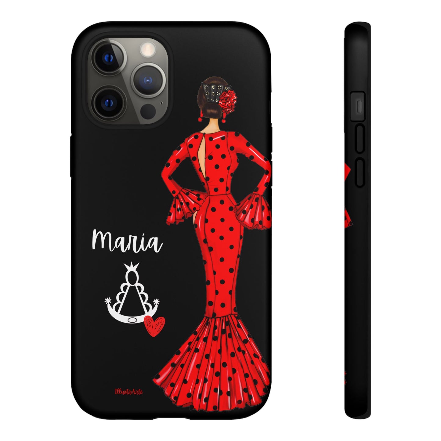 una funda de teléfono con una mujer en un vestido rojo