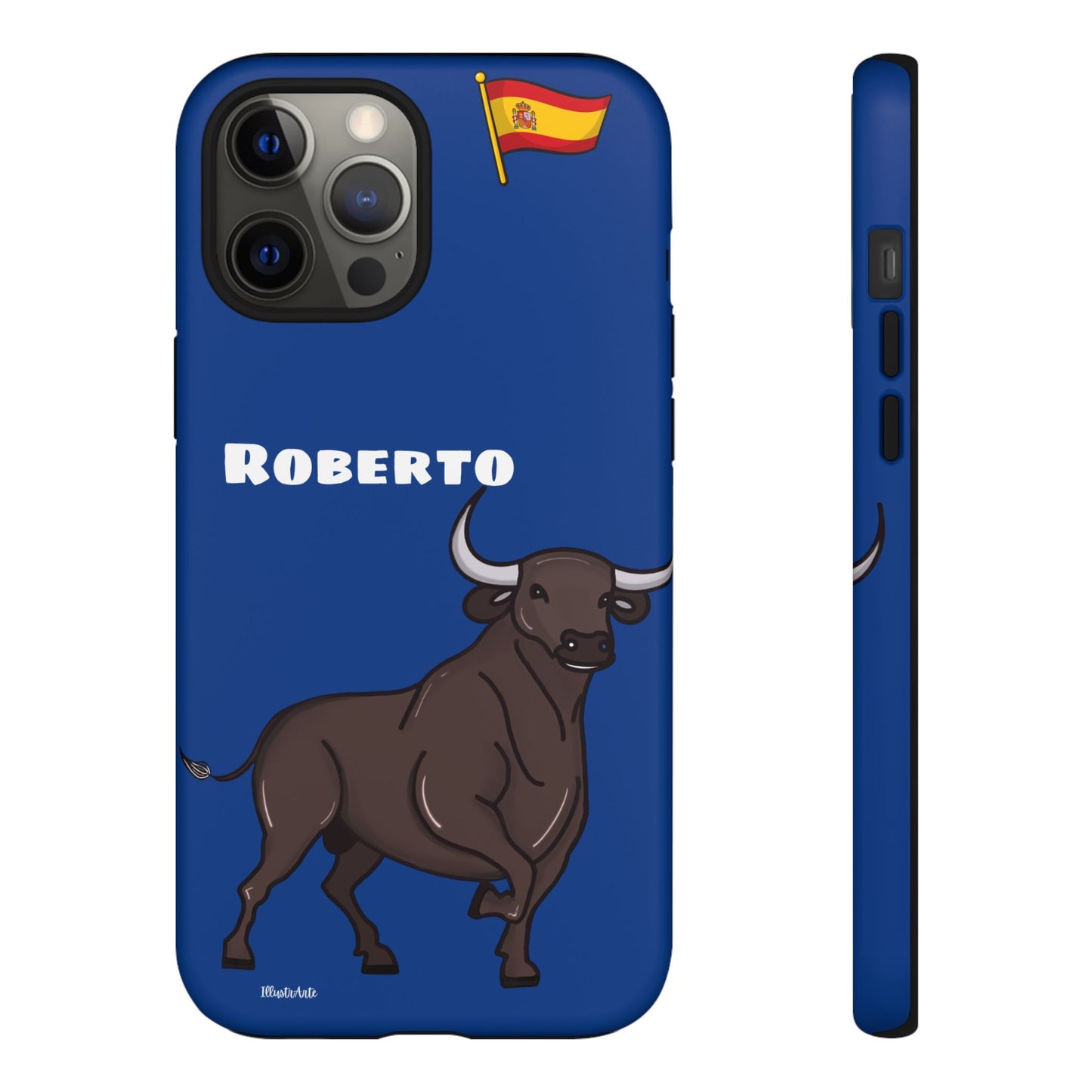 una funda de teléfono azul con un toro en ella