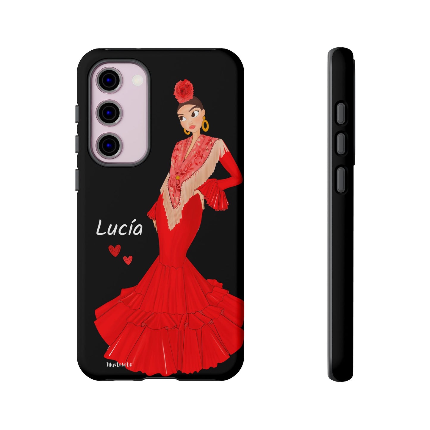 una funda de teléfono con una imagen de una mujer en un vestido rojo