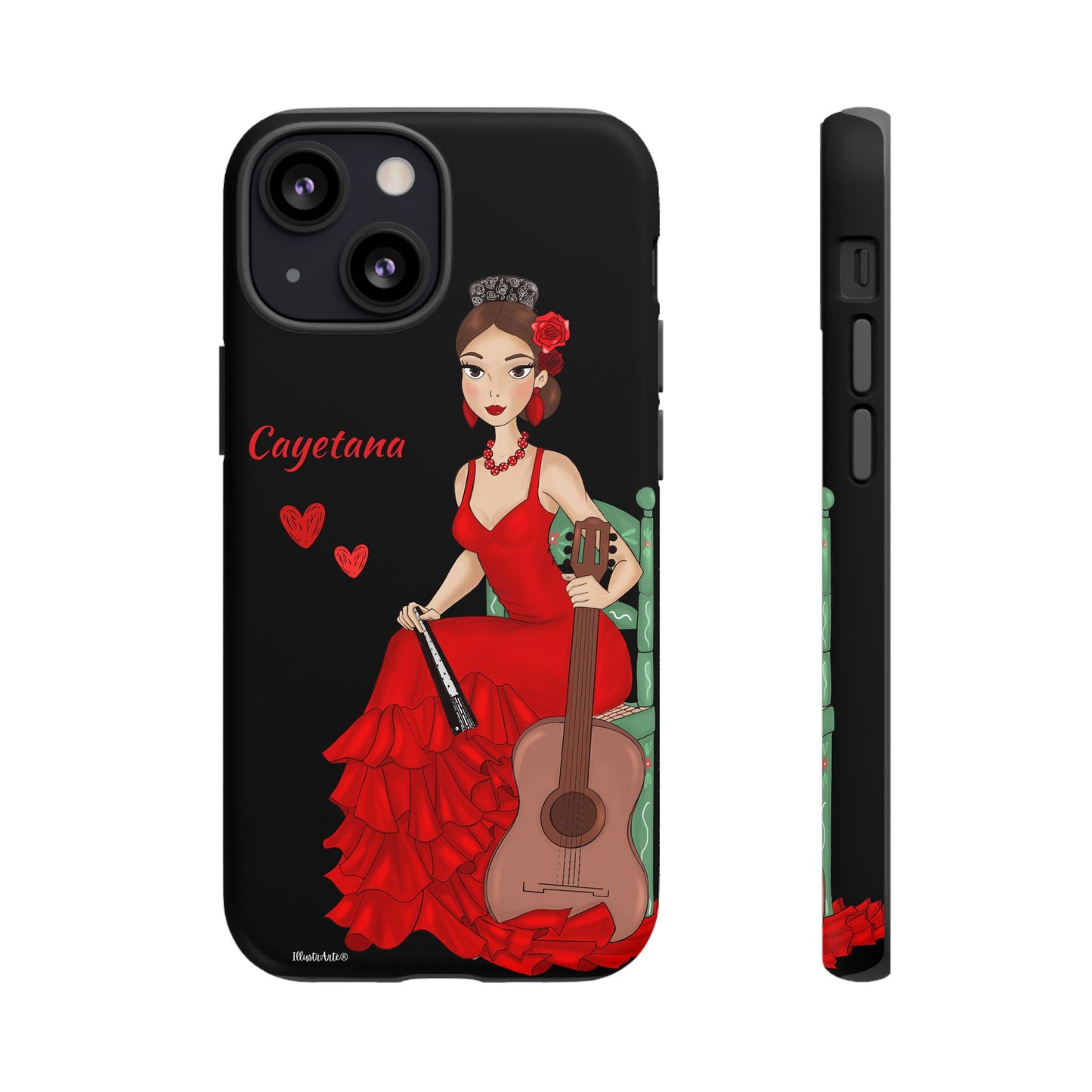 una funda de teléfono con una mujer en un vestido rojo sosteniendo una guitarra