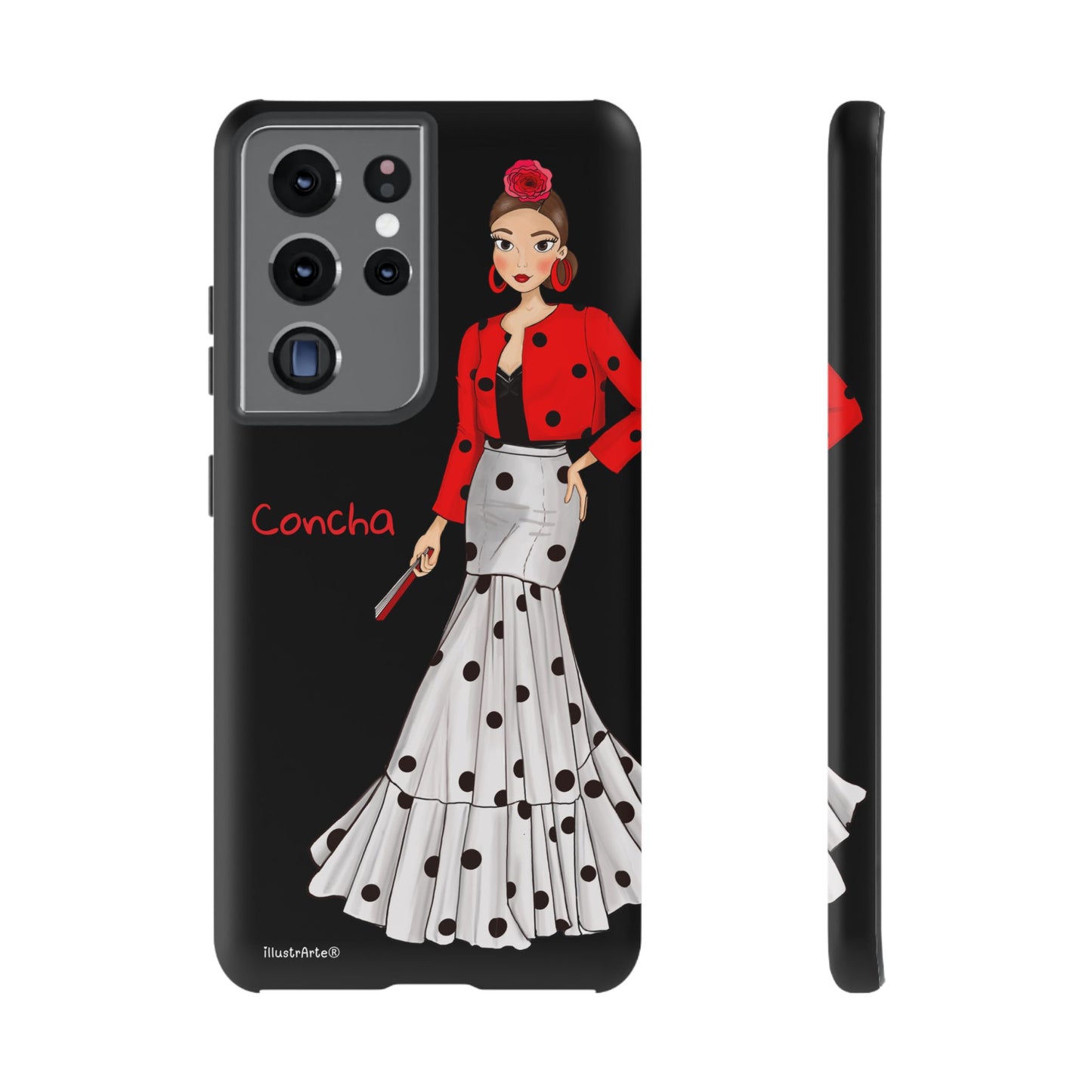 Funda de teléfono personalizable con diseño único - Modelo Conchita fondo negro.
