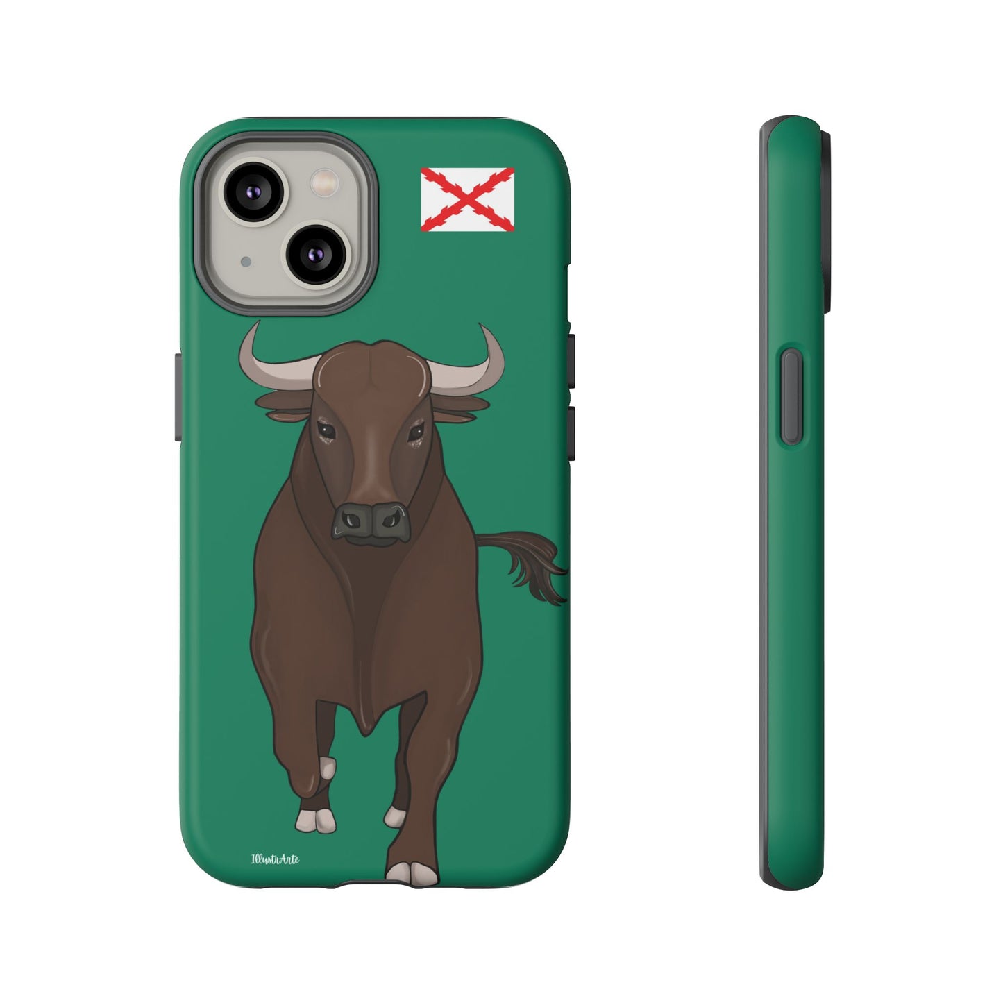 una funda de teléfono con una imagen de un toro en ella