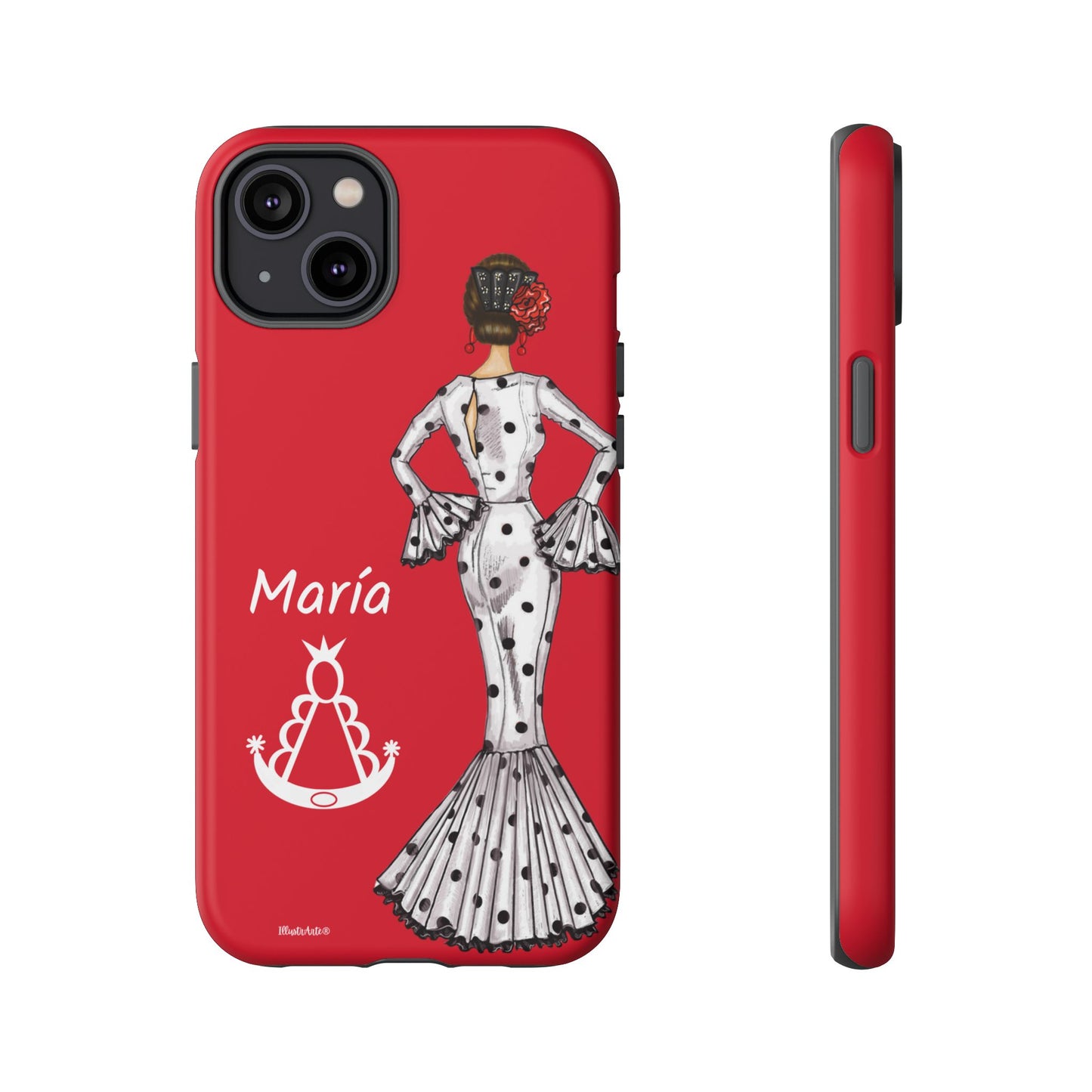 una funda de teléfono roja con una imagen de una mujer en un vestido