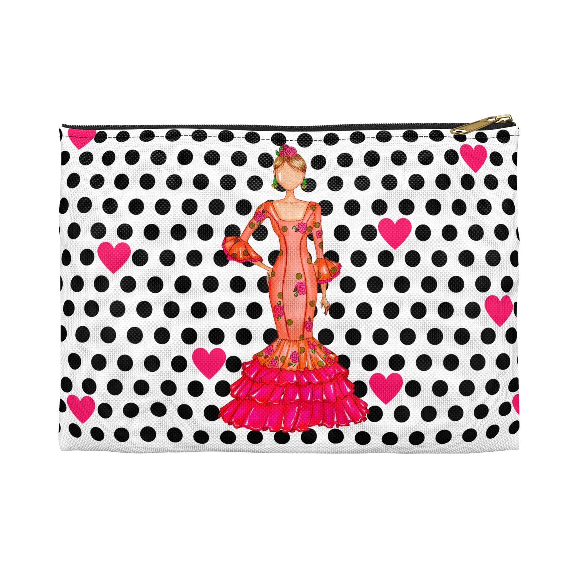 a black and white polka dot bag with a woman in a pink dress